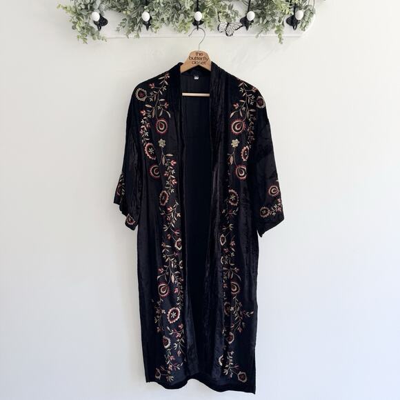 Anthropologie Sweaters - Anthropologie Black Floral Embroidered Velvet Kimono Cardigan S/M #LH
